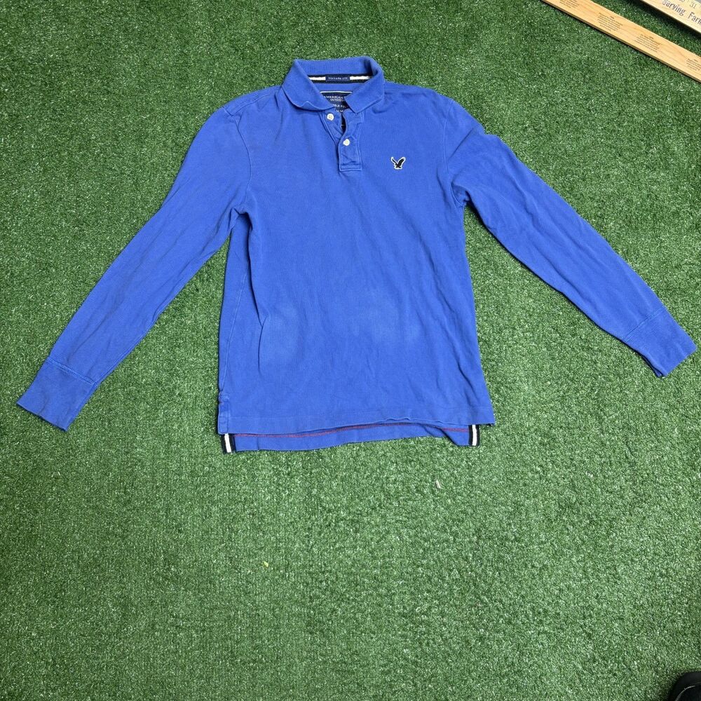 American Eagle Men’s Long Sleeve Polo Medium Blue Casual Cotton Shirt